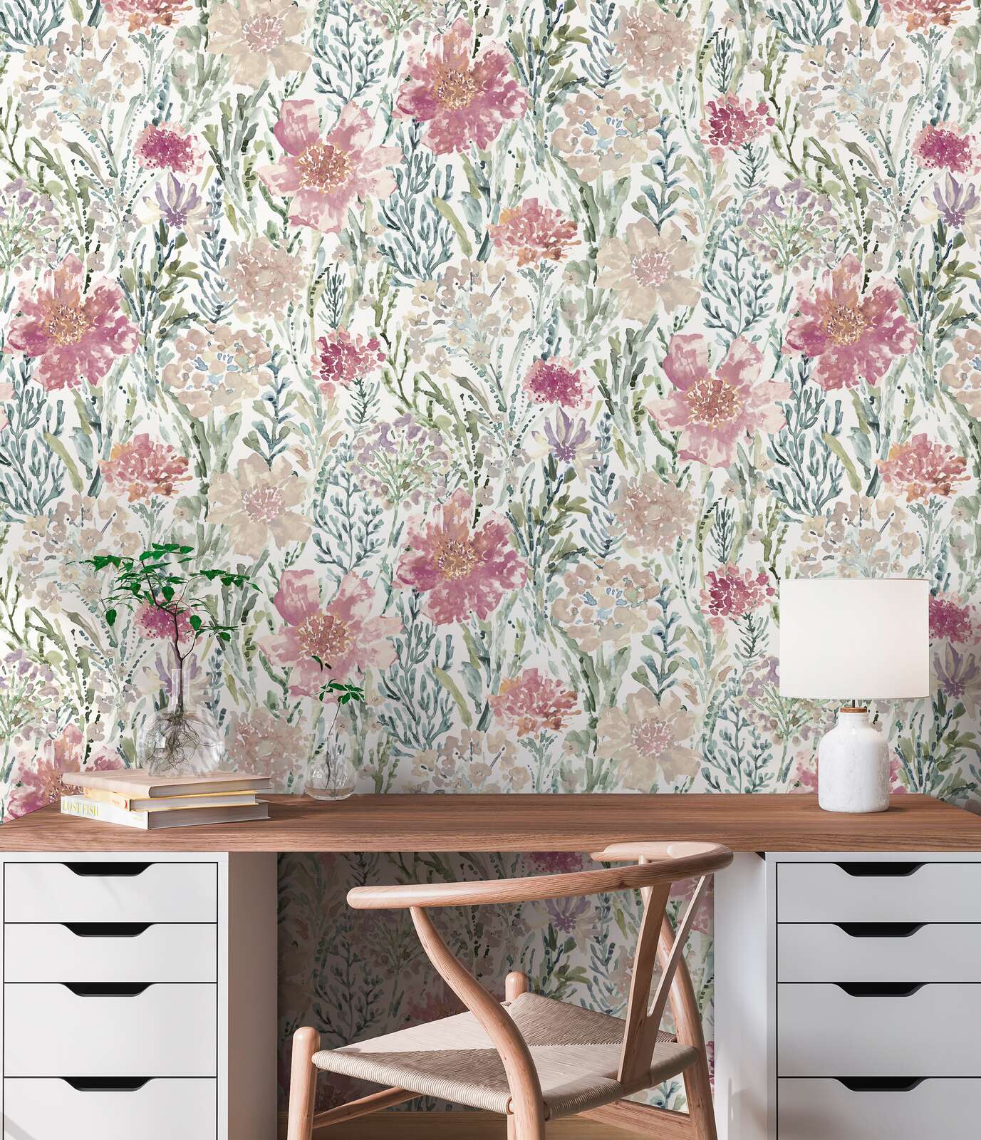             Non-woven wallpaper flower meadow in watercolour look - white, colourful, pink
        