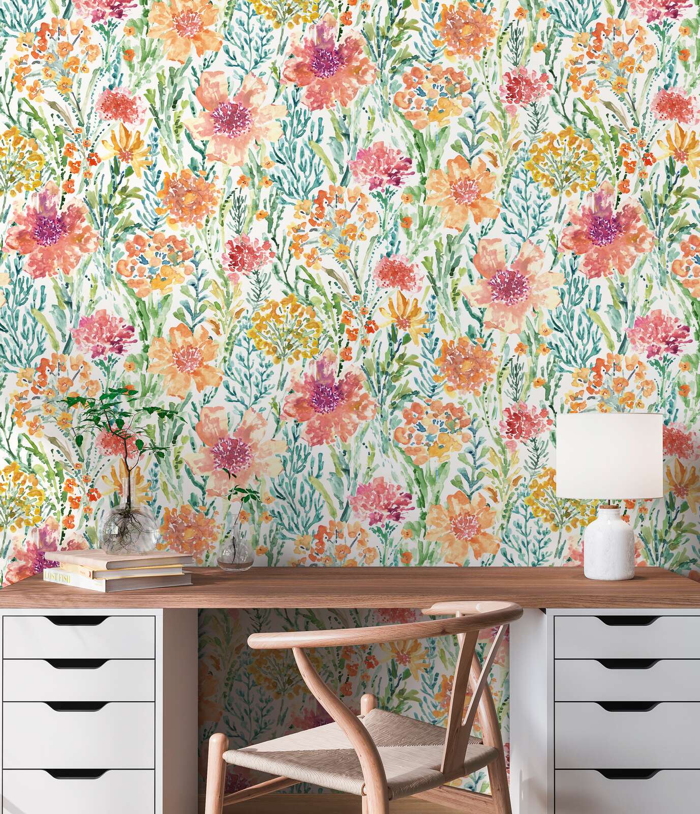             Non-woven wallpaper flower meadow in watercolour look - colourful, white, red
        