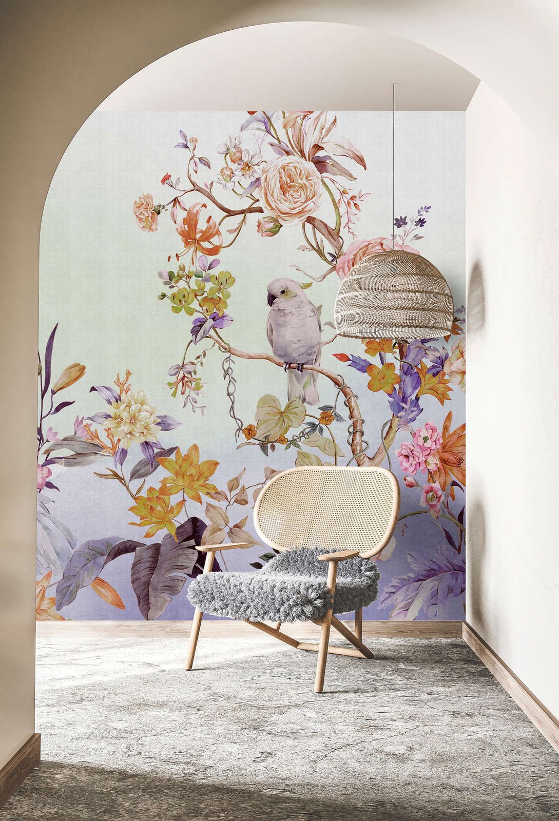             Fotomural »paradise« - Pájaro y flores con degradado de colores y textura de lino en el fondo - Coloreado | Tela no tejida de alta calidad lisa y ligeramente brillante
        