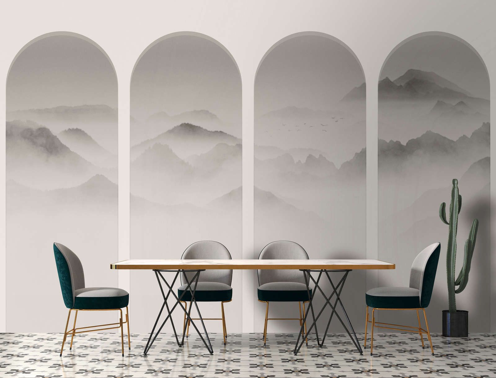             papier peint en papier panoramique »valley« - Montagnes & brouillard en arcs - gris, blanc | Intissé lisse, légèrement nacré
        