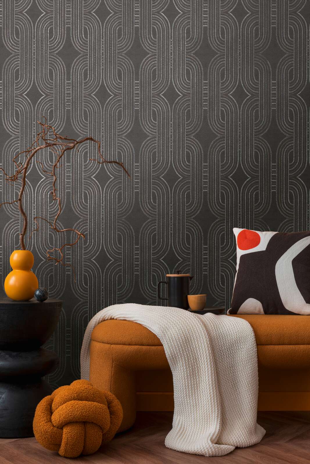             Non-woven wallpaper with abstract graphic retro pattern - black, brown, metallic
        