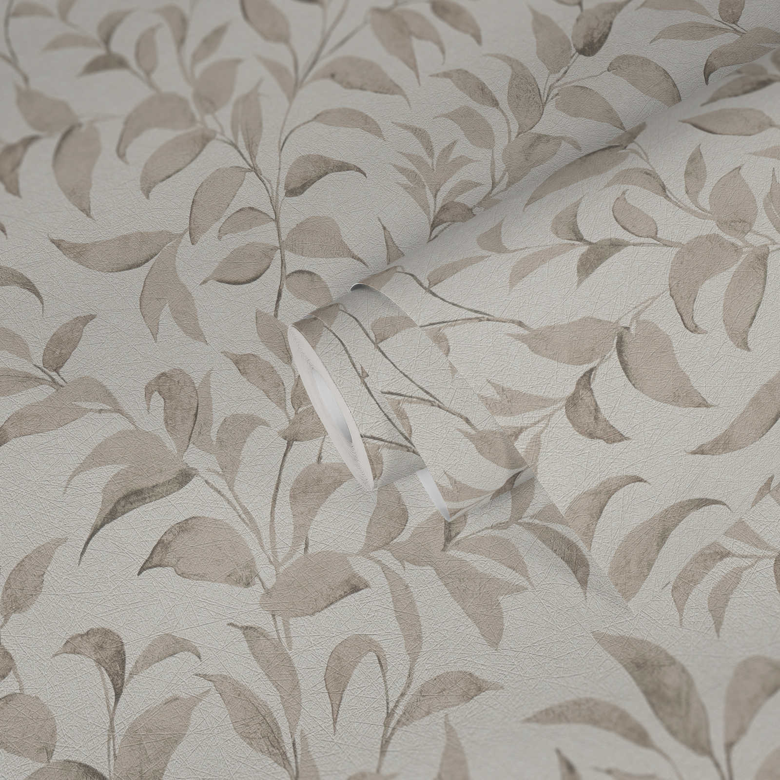             Carta da parati a foglie floreali con texture scintillante - bianco, grigio, beige
        