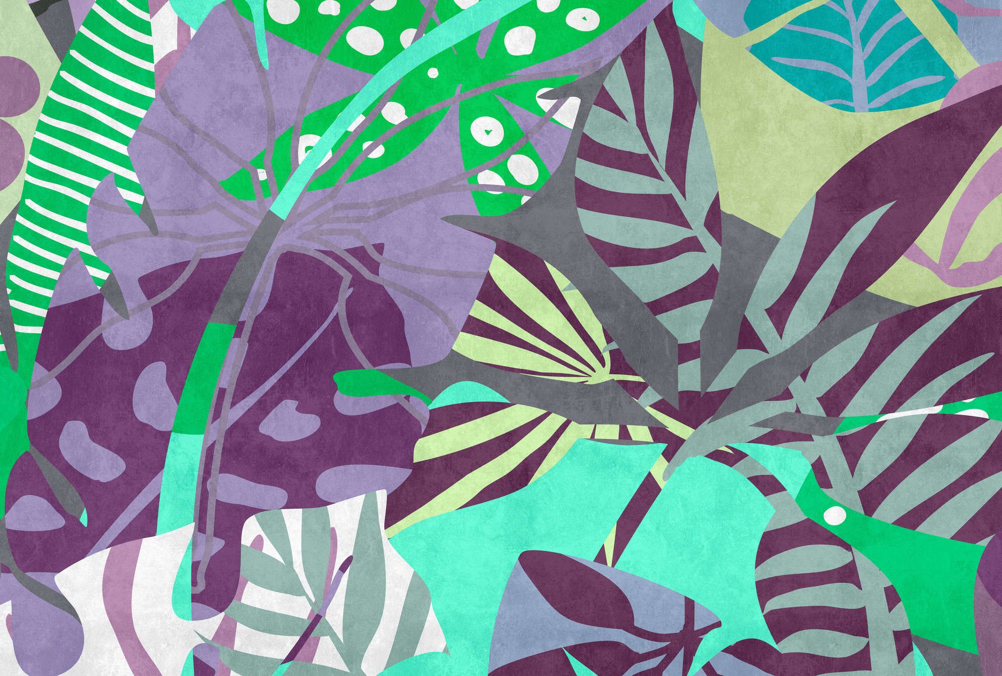             papier peint en papier panoramique »anais 2« - Feuilles abstraites sur structure d'enduit béton - violet, vert | Intissé lisse, légèrement nacré
        