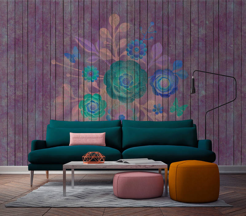             Sproeiboeket 1 - Fotobehang met bloemen op bordwand - houten panelen breed - Blauw, Groen | structuurvlies
        