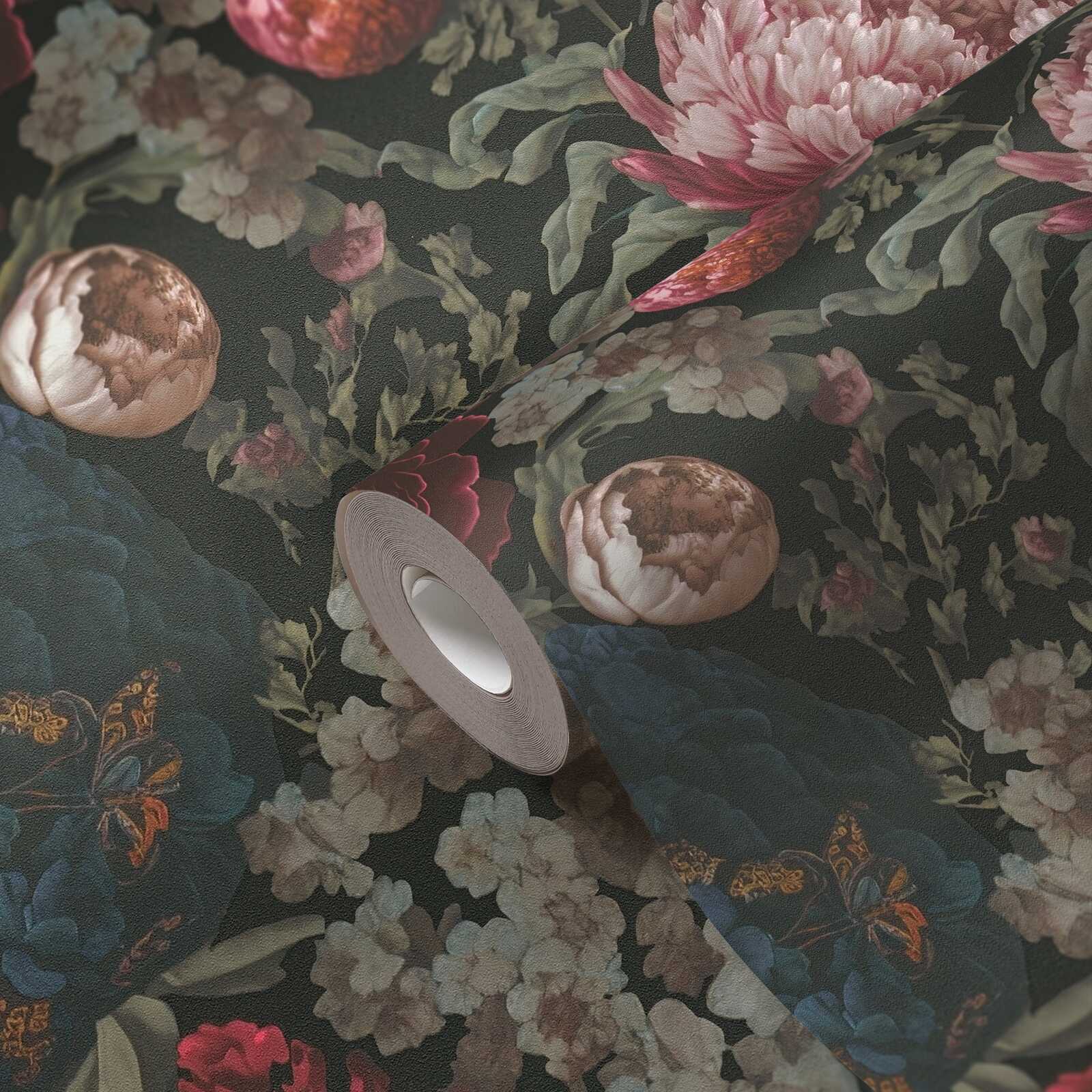             Opulent non-woven wallpaper with a magnificent floral pattern - red, blue, black
        