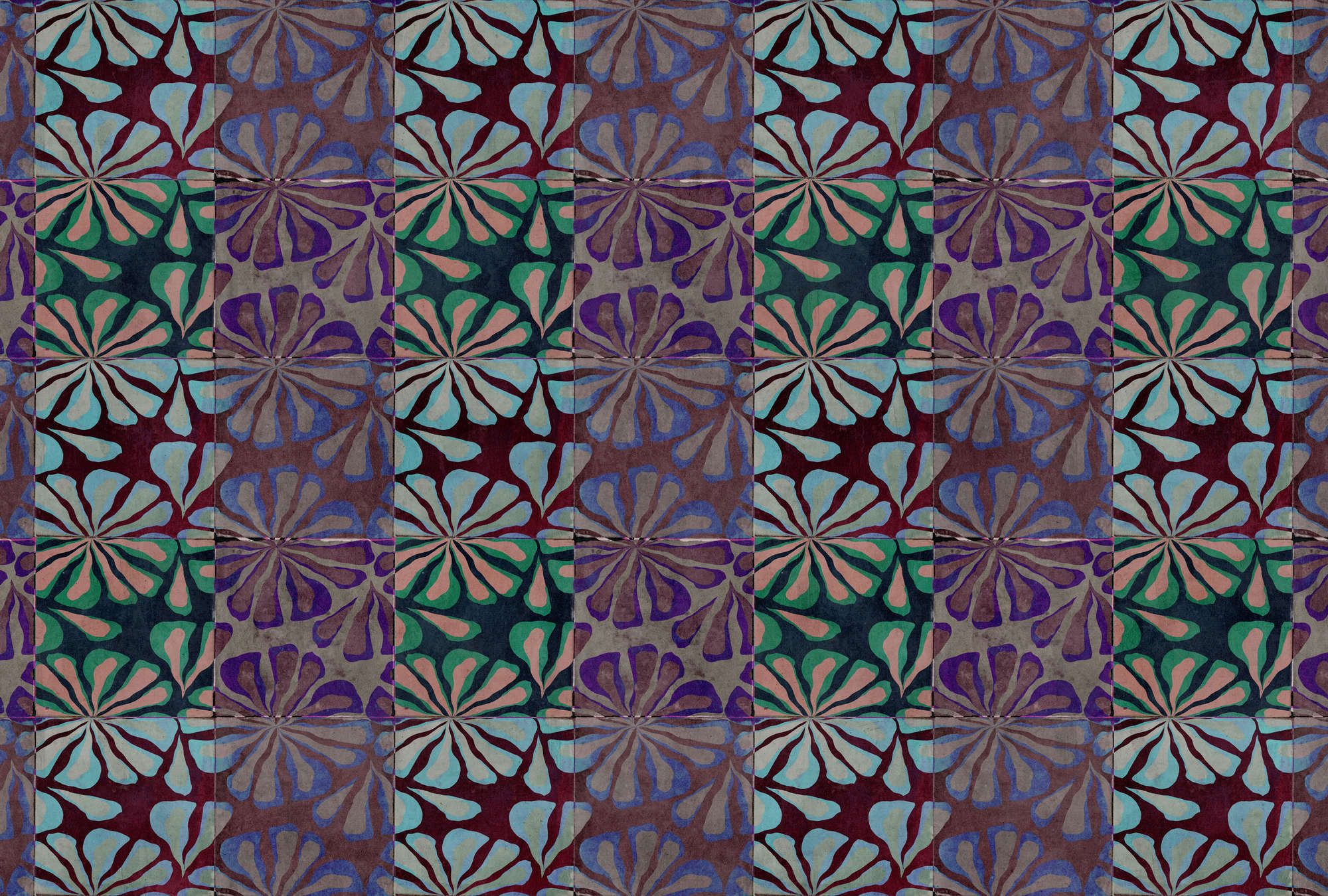             Fotomural »nevio« - Diseño de patchwork de colores delante de un enlucido de hormigón - Material no tejido de textura ligera
        