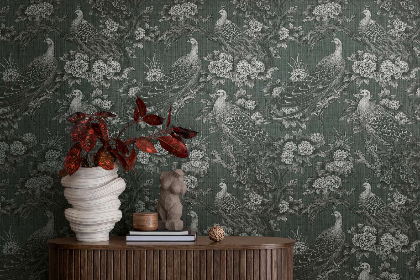             Papel pintado no tejido de estilo casa de campo inglesa floral - gris, negro
        