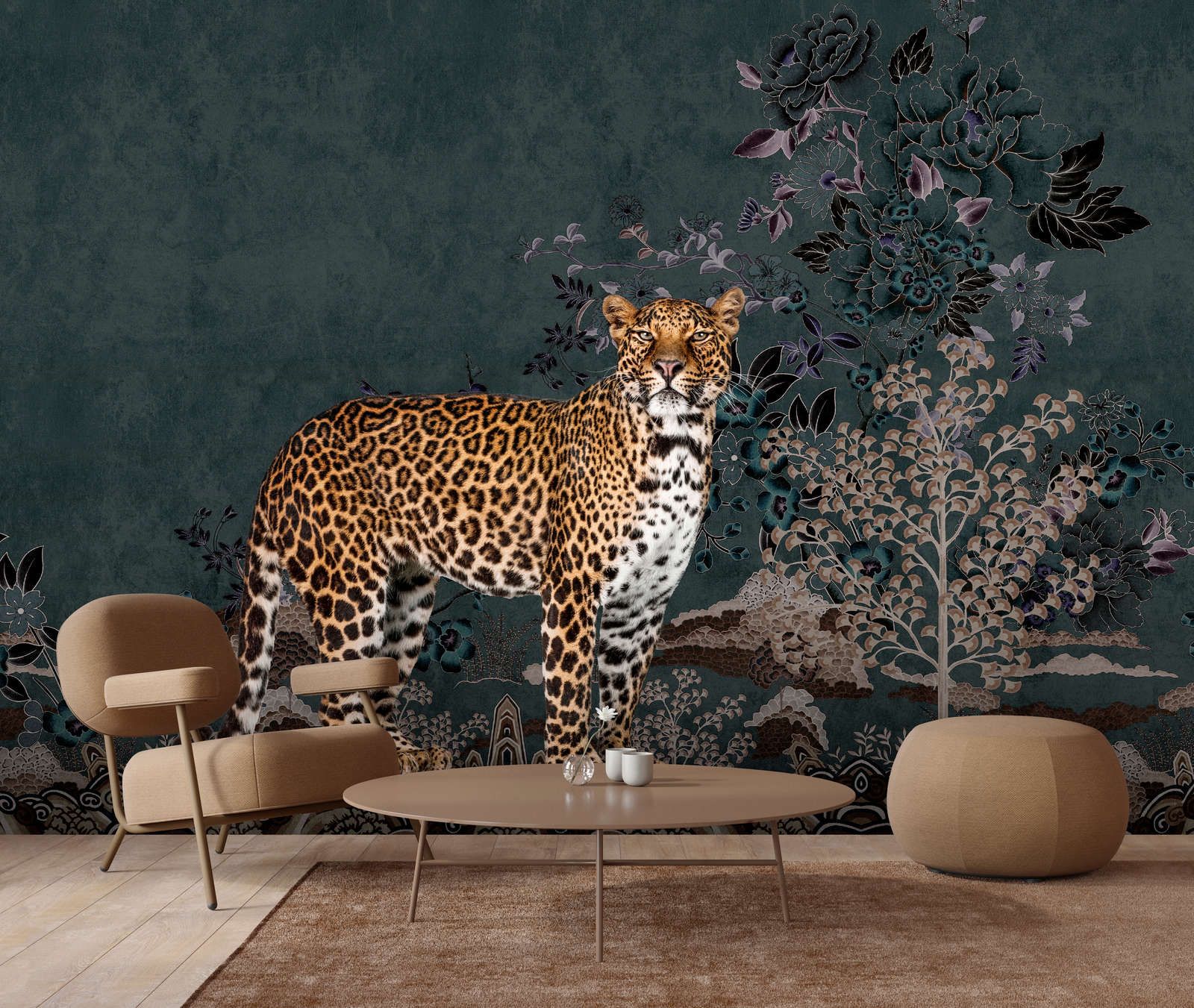             Photo wallpaper »rani« - Abstract jungle motif with leopard - Matt, smooth non-woven fabric
        