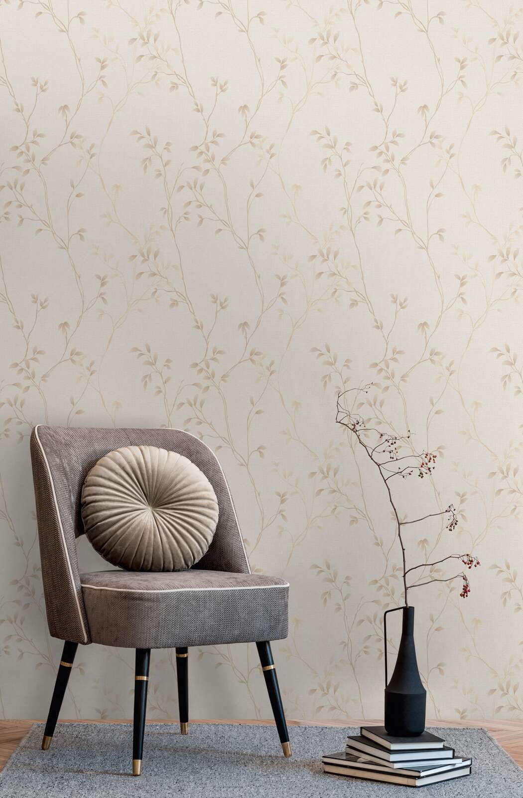             Non-woven wallpaper with subtle tendril pattern and textile surface - beige, cream, brown
        