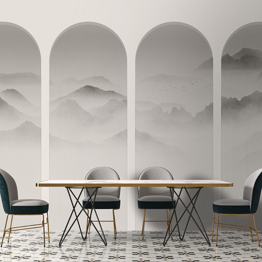 papier peint en papier panoramique »valley« - montagnes & brouillard en arcs - gris, blanc | Intissé mat, lisse
