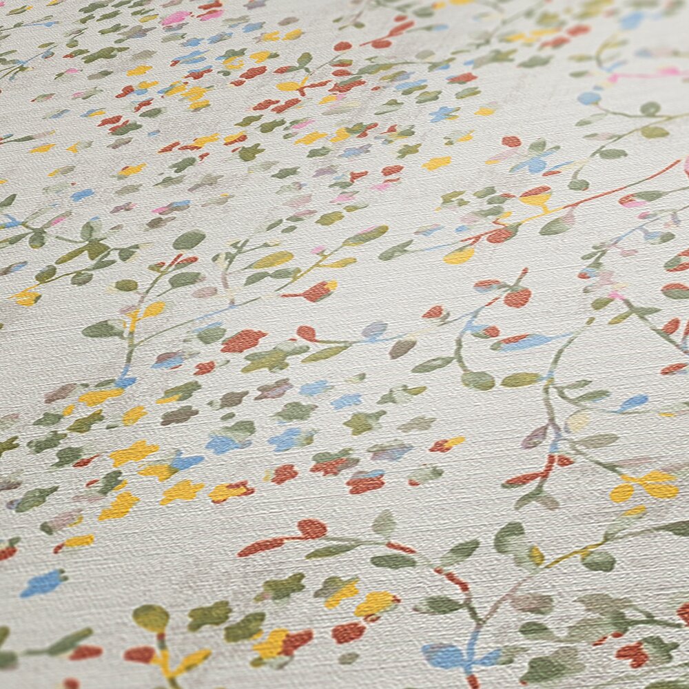             Non-woven wallpaper with colourful tendril motif with light bronze accents - colourful, cream, green
        