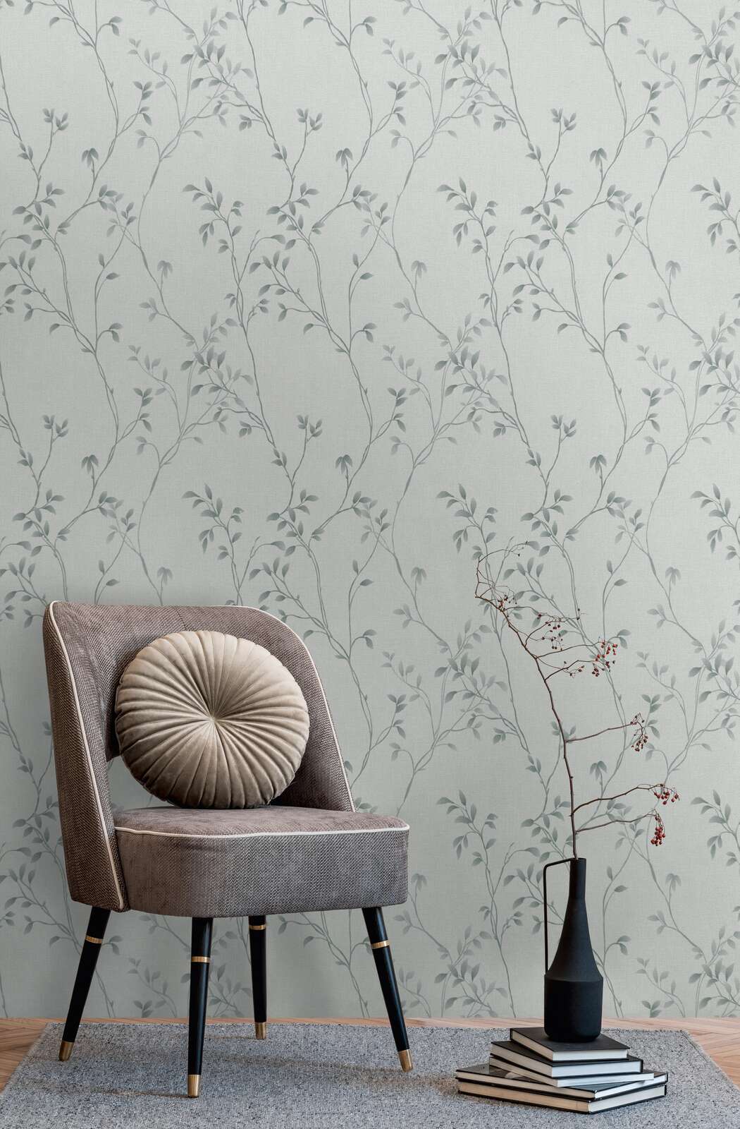             Textured non-woven wallpaper with tendrils and leaves in a simple look - grey, light grey
        