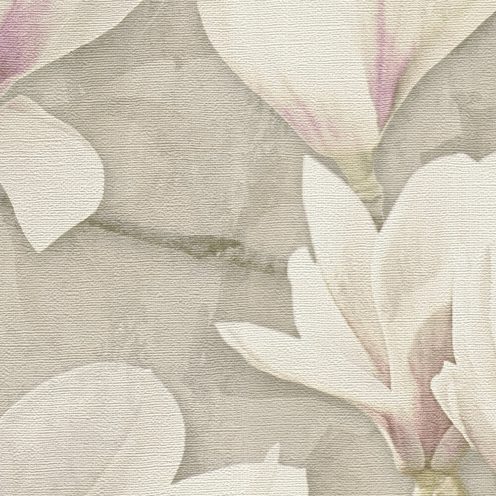             Non-woven floral wallpaper with magnolia blossoms - brown, pink, white
        