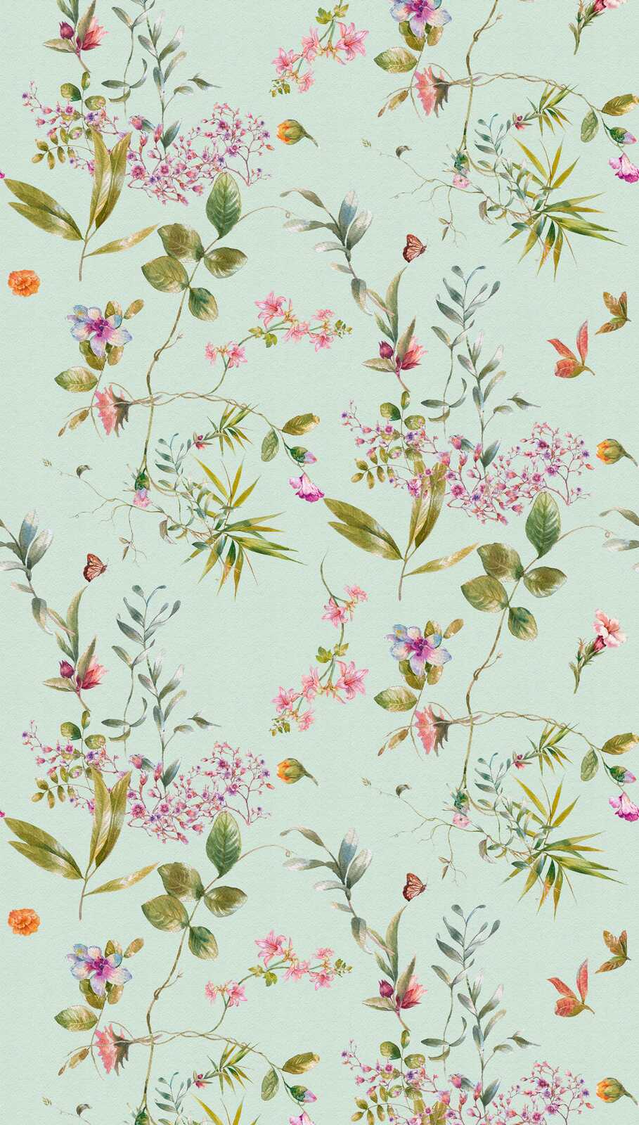             Non-woven wallpaper with delicate flowers and leaves on a pastel background and a large-scale pattern repetition - blue, green, pink
        