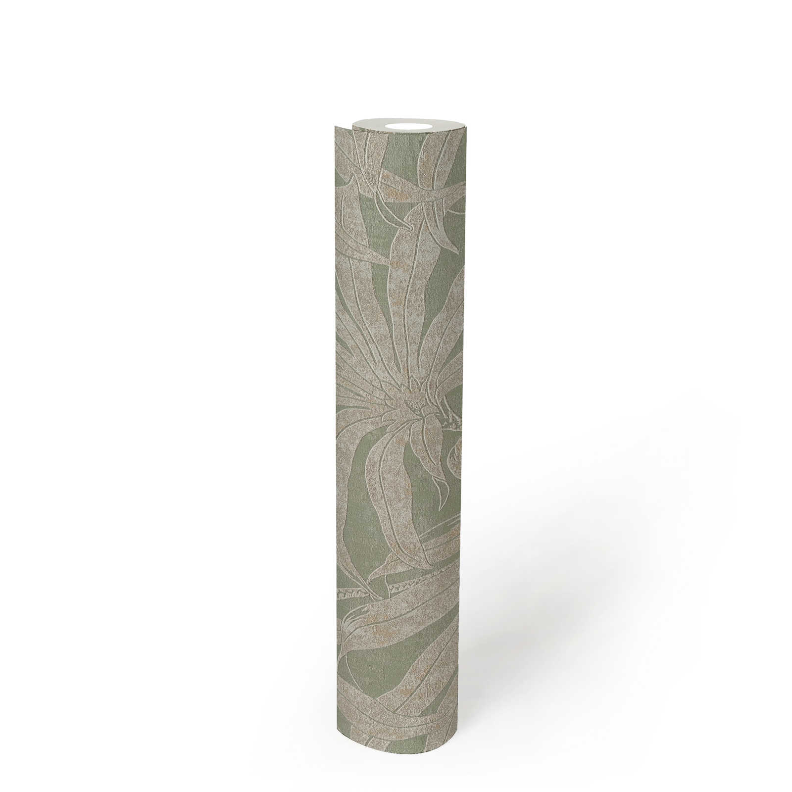             papier peint en papier à motifs floraux détaillés avec fleurs de la jungle - vert, or, argent
        