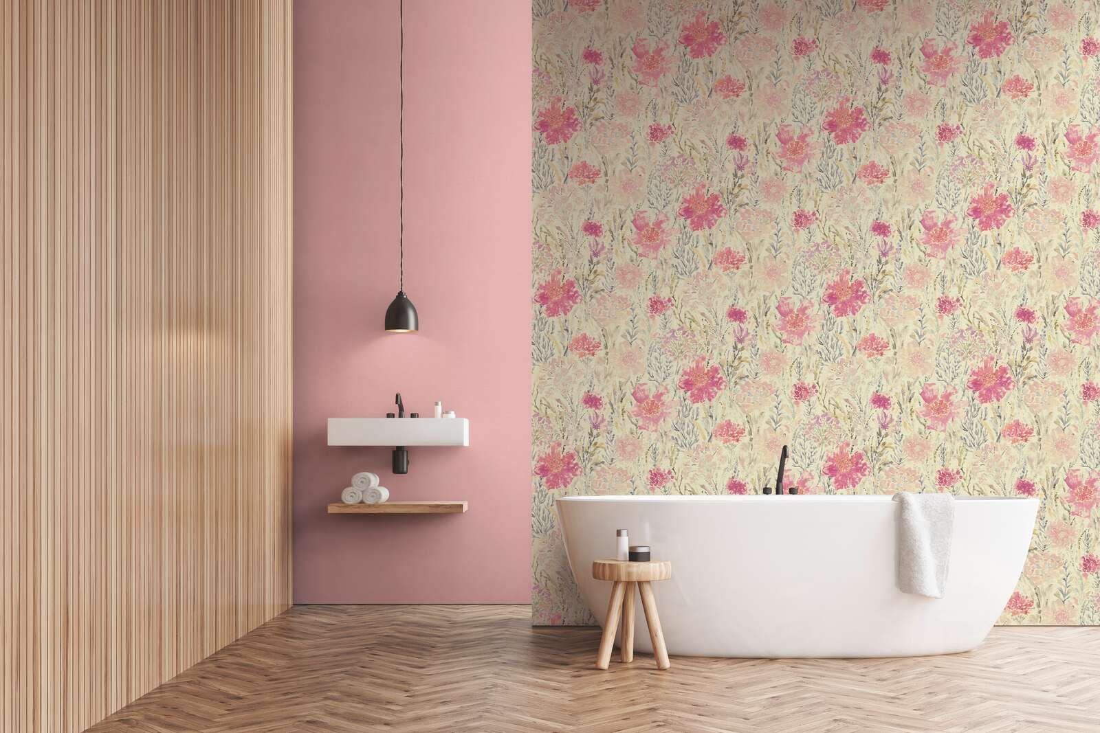             Non-woven wallpaper flower meadow in watercolour look - white, colourful, pink
        