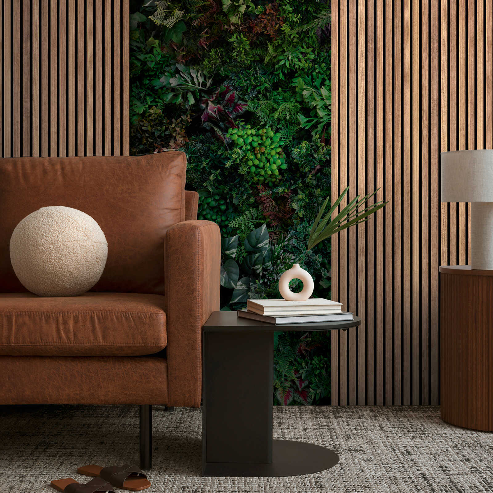 Non-woven wallpaper wood acoustic panels with forest plants and a large-scale pattern repetition - brown, green, black
