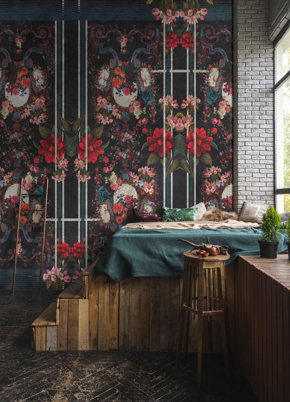             papier peint en papier panoramique »victoria« - lambris ornemental à motif floral sur structure d'enduit vintage - vert foncé | Intissé mat et lisse
        