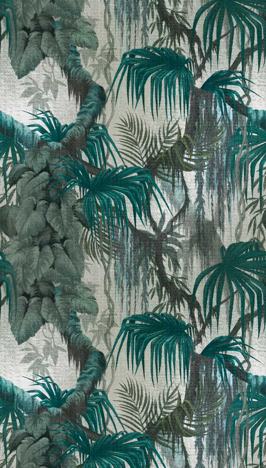             Vliesbehang met exotisch jungle-motief in linnenlook en grootschalige patroonherhaling - groen, petrol, grijs
        