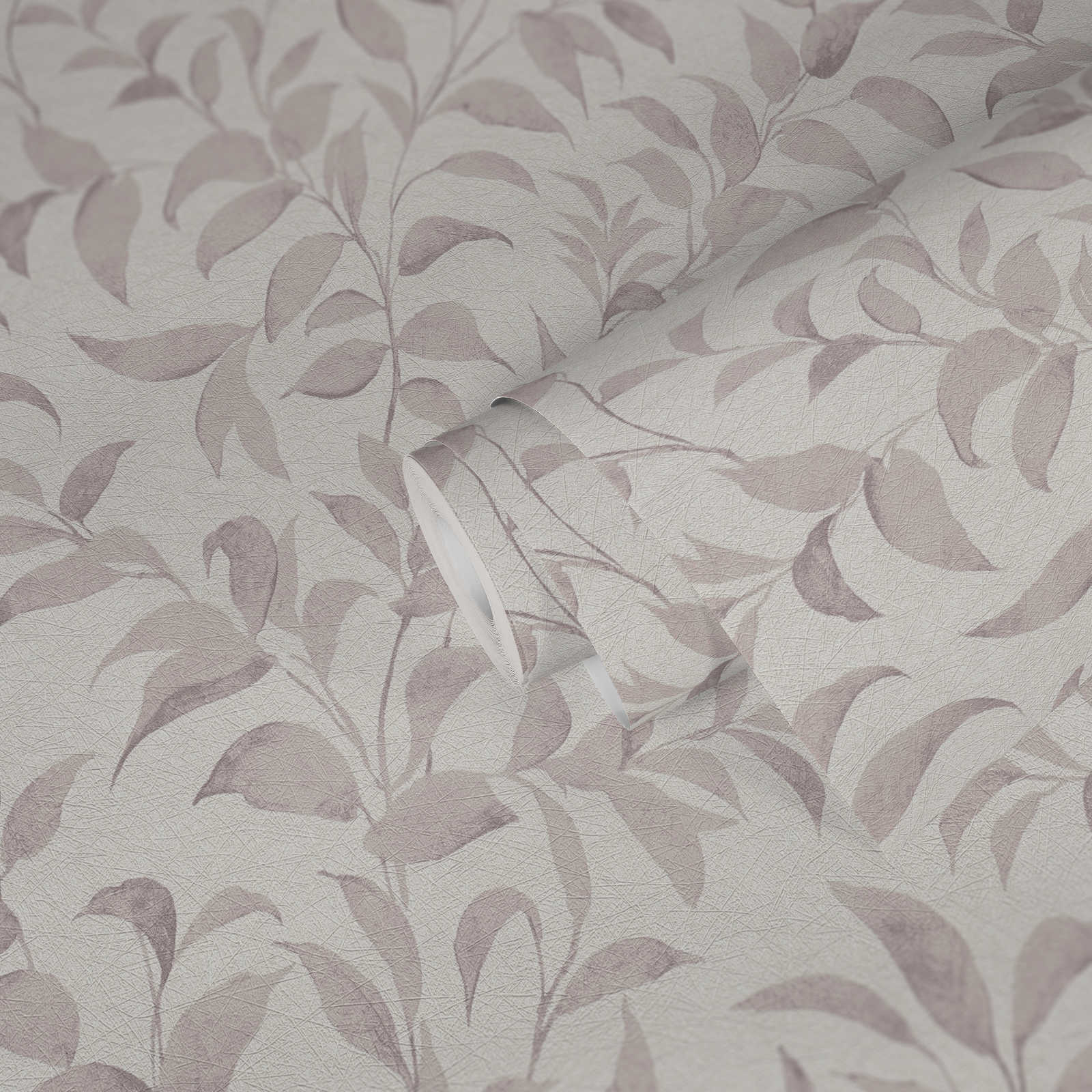             Carta da parati floreale con foglie a texture shimmer - bianco, beige, grigio
        