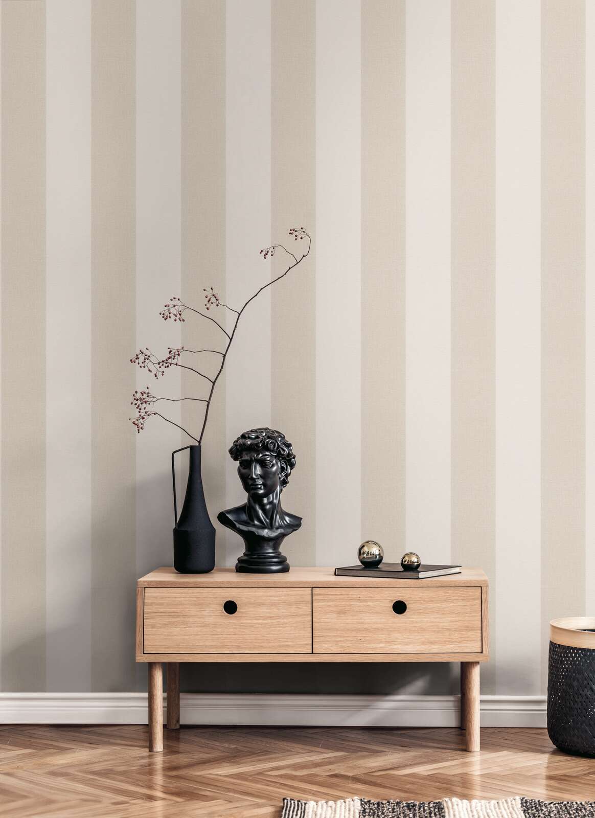             Non-woven wallpaper with textile texture and block stripes - brown, beige, cream
        