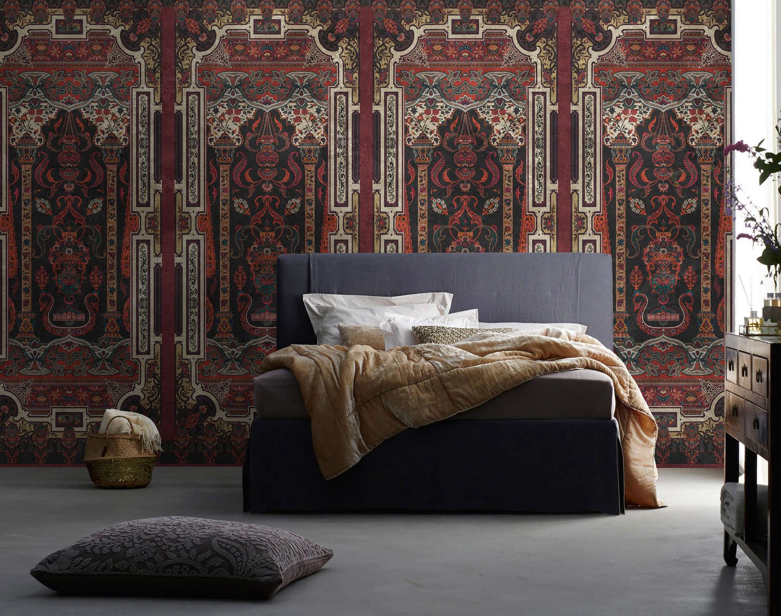             Photo wallpaper »karim« - Ornamental panelling with vintage plaster texture - Dark red | Smooth, slightly pearlescent non-woven fabric
        