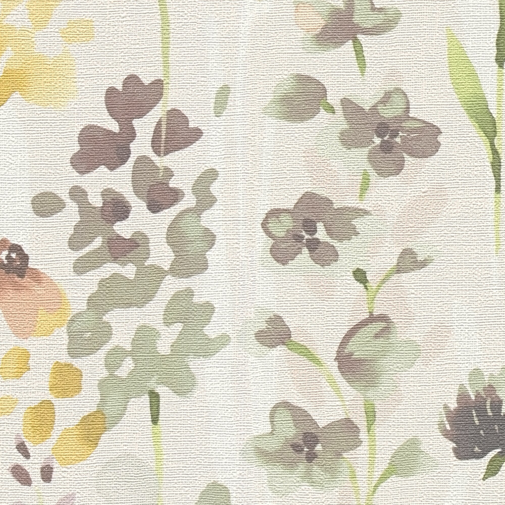             Non-woven wallpaper colourful flower meadow in watercolour design - beige, orange, brown
        