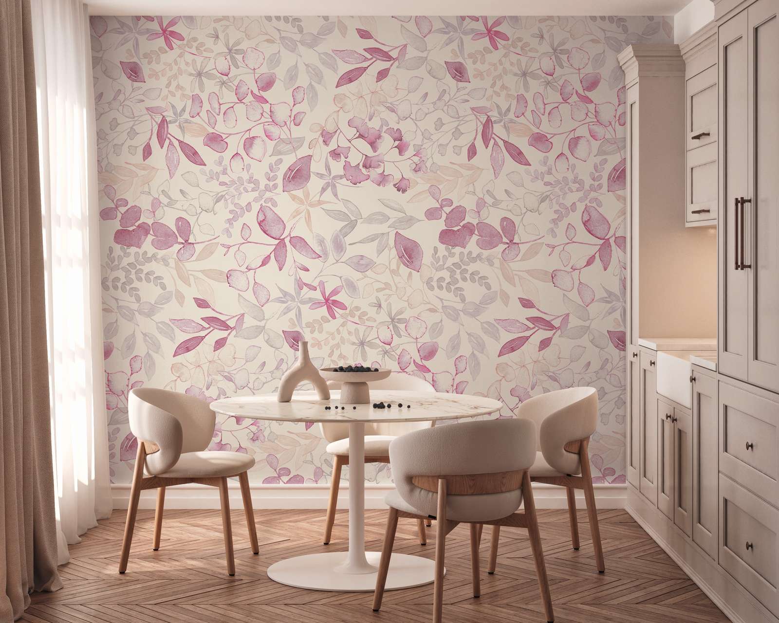             Papel pintado motivo XXL con motivos florales en acuarela - rosa, gris, blanco
        