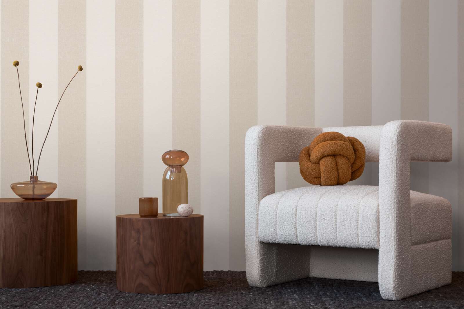             Non-woven wallpaper with textile texture and block stripes - brown, beige, cream
        