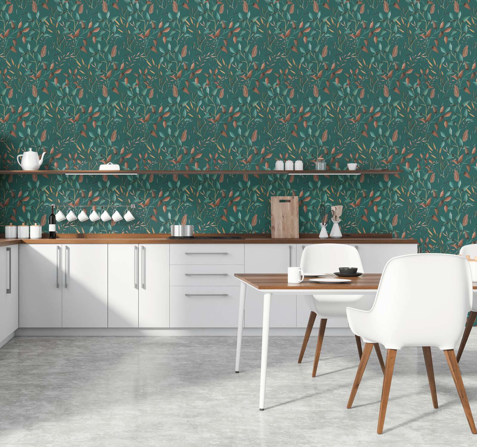             Non-woven floral wallpaper with tendril motif - green, petrol, orange
        