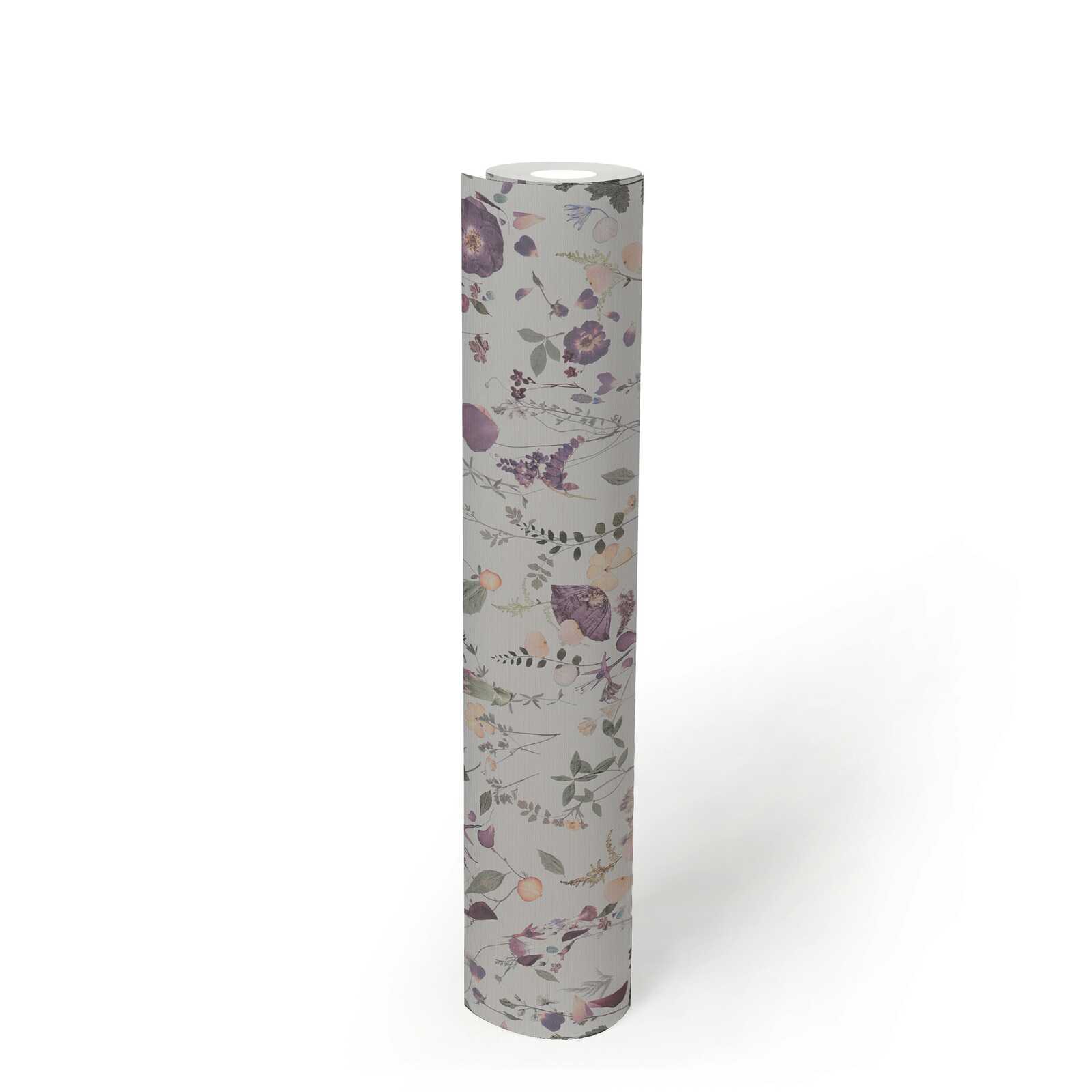             Non-woven wallpaper with blossom bouquet motif in country house style - violet, green, yellow
        