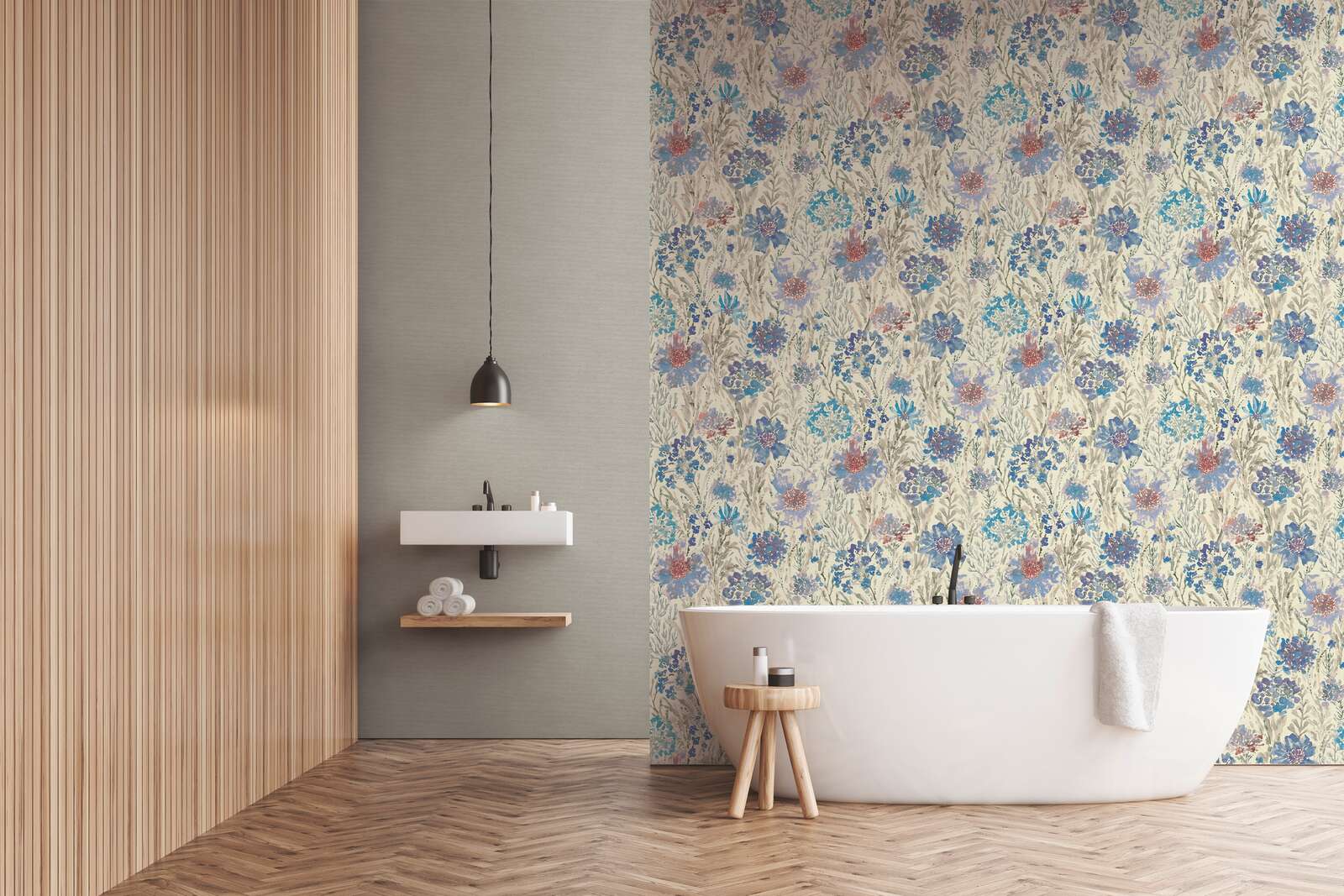             Flower and blossom meadow non-woven wallpaper in watercolour style - blue, white, grey
        