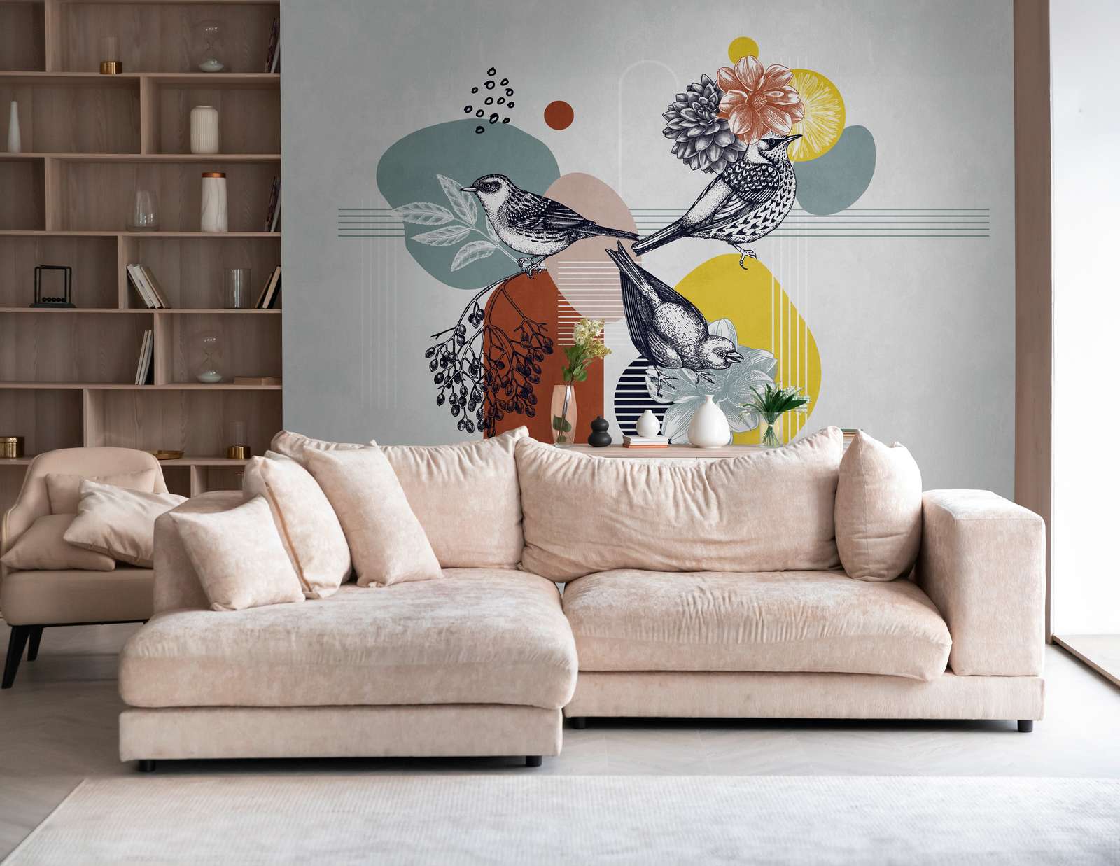             Photo wallpaper with abstract bird and flower motif on a neutral background - Colourful, grey, orange
        