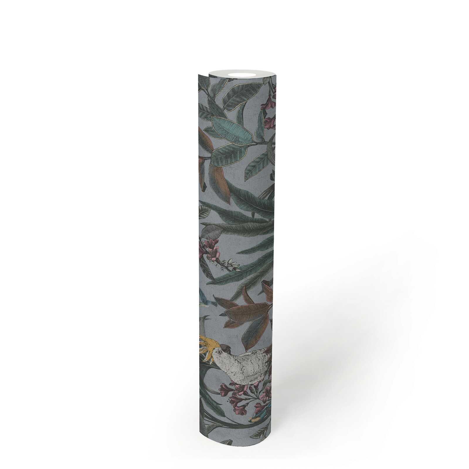             Non-woven wallpaper jungle with cockatoo in vintage look - grey, blue, green
        