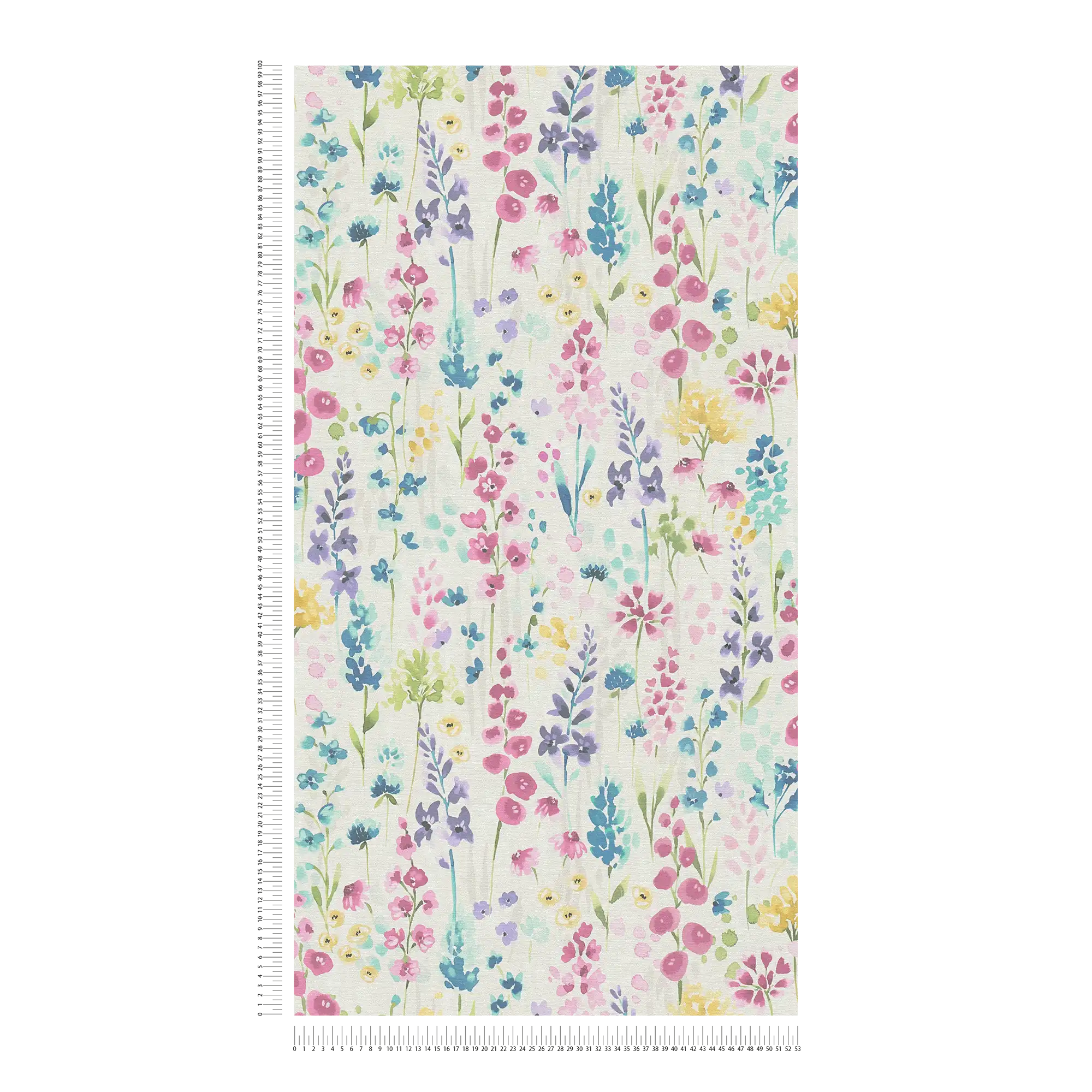             Colourful flower meadow wallpaper in watercolour design - colourful, white, pink
        