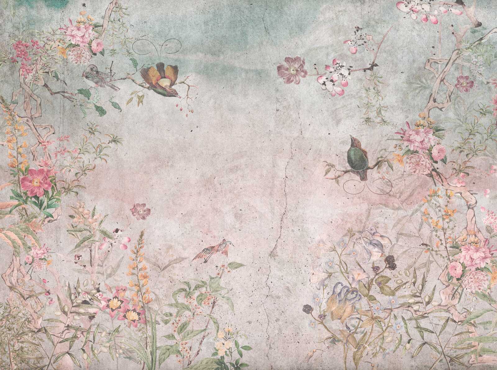             Romantic flower garden photomural with delicate blossoms, birds and butterflies as non-woven wallpaper - colourful, grey, blue
        