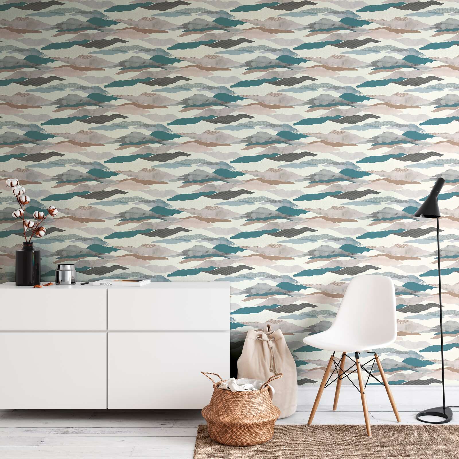             Non-woven wallpaper with abstract landscape motif - blue, grey, white
        