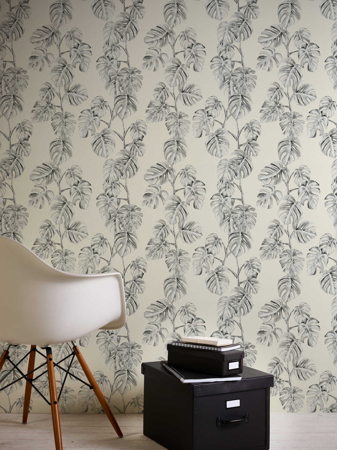             Non-woven wallpaper monstera vines, natural pattern - black, white, grey
        