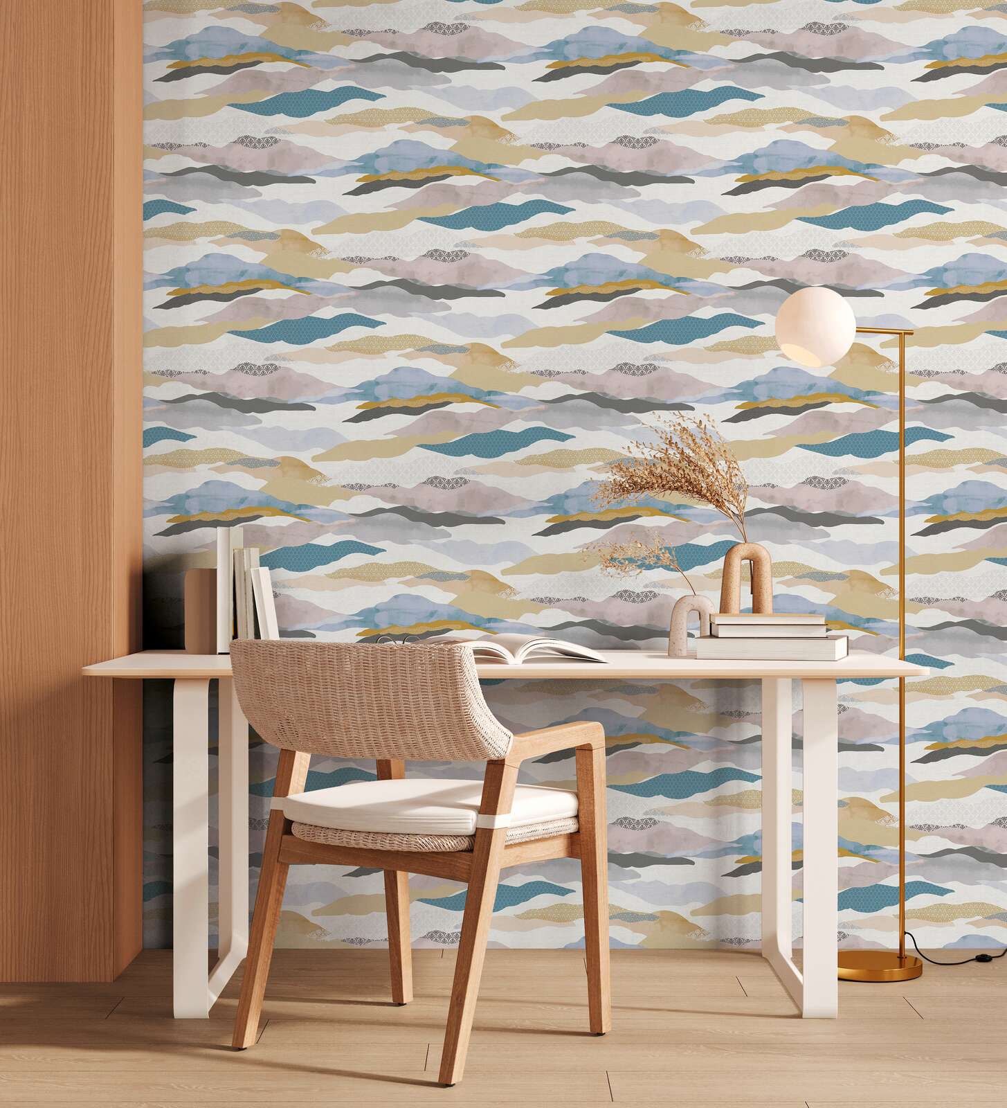             Papel pintado no tejido con motivos gráficos de olas y nubes - azul, rosa, beige
        