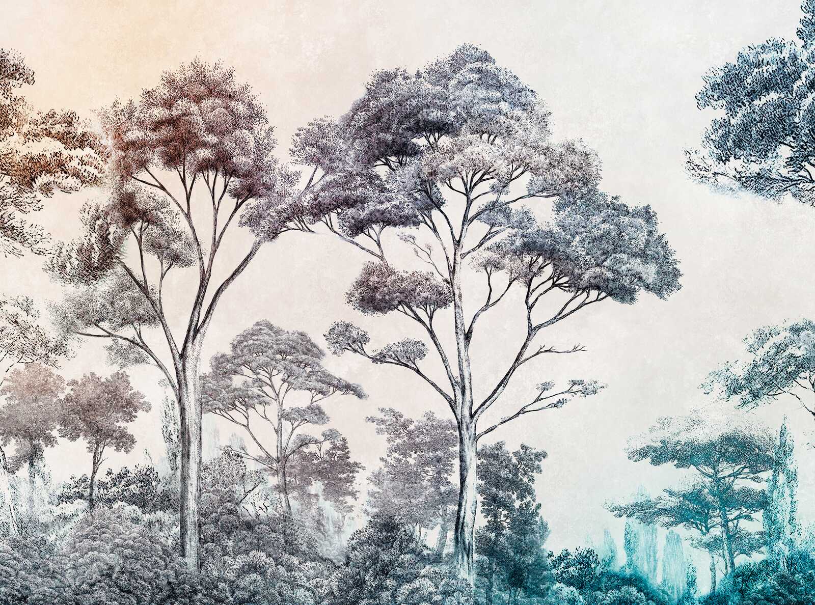             Élégant papier peint intissé motif forêt avec dégradé - multicolore, crème, bleu
        