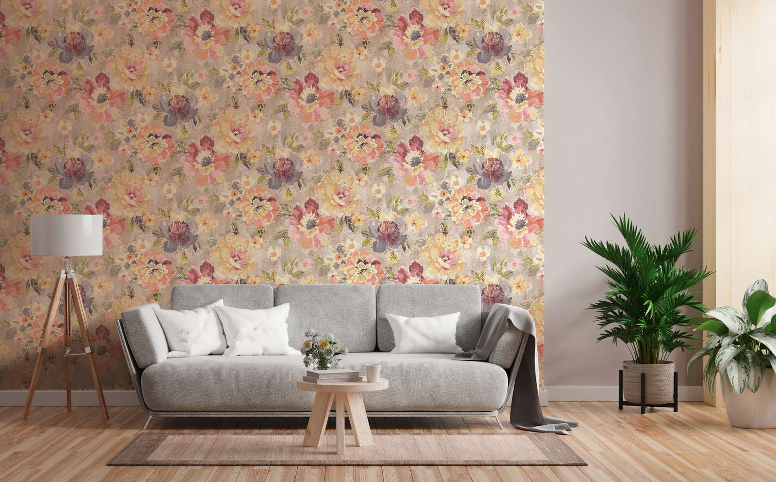             Non-woven floral wallpaper in watercolour and vintage look - colourful, grey, pink
        