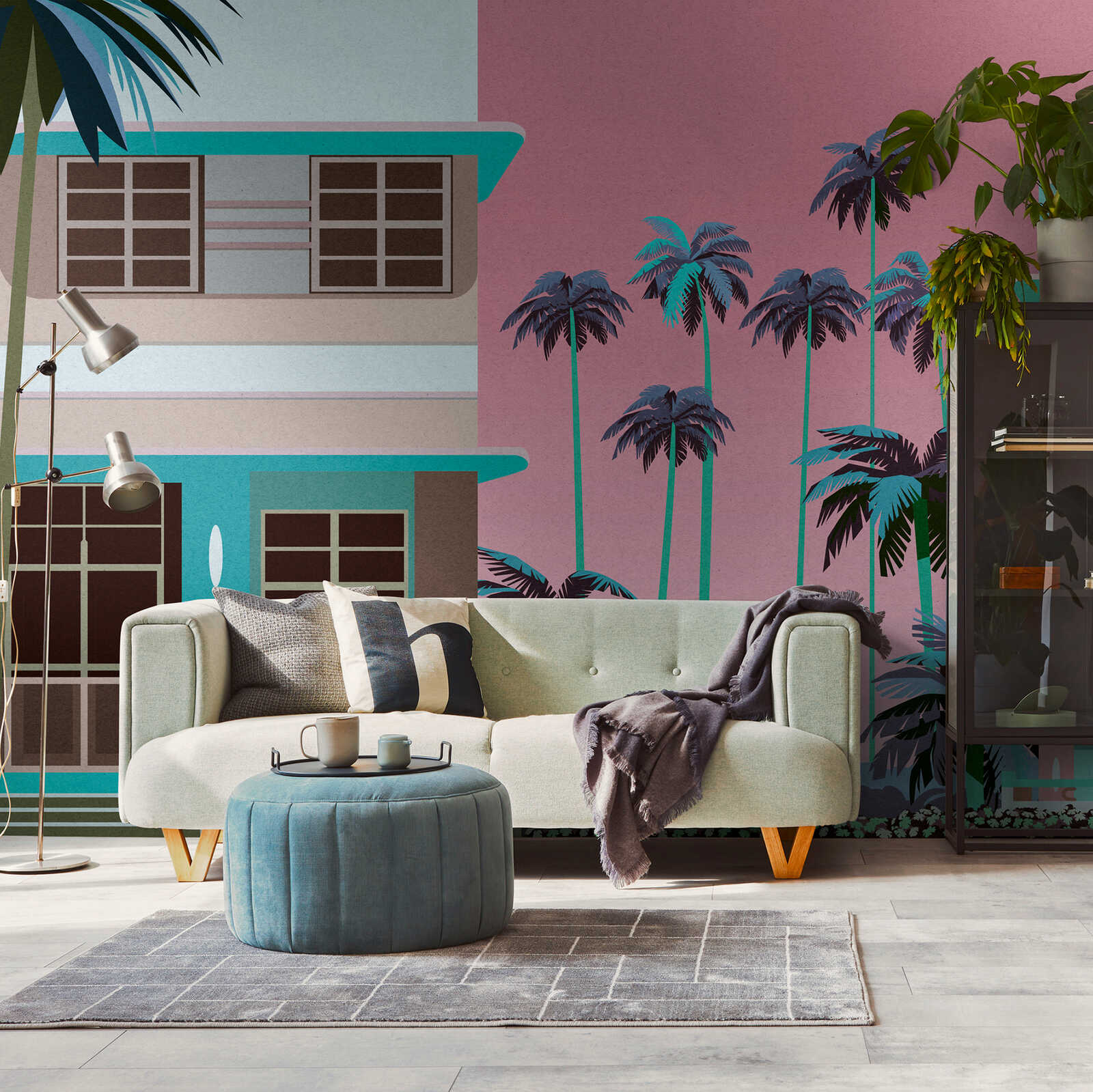 Retro muurschildering "Miami" met kleurrijke gebouwen en palmbomen tegen een zonsondergang als vliesbehang - blauw, roze, bruin
