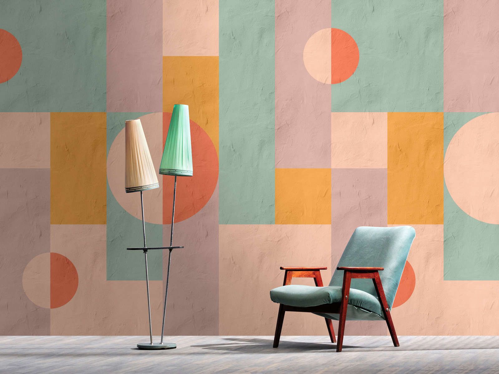             Photo wallpaper »estrella 2« - Graphic pattern in clay plaster look - red, orange, mint | Smooth, slightly pearlescent non-woven fabric
        