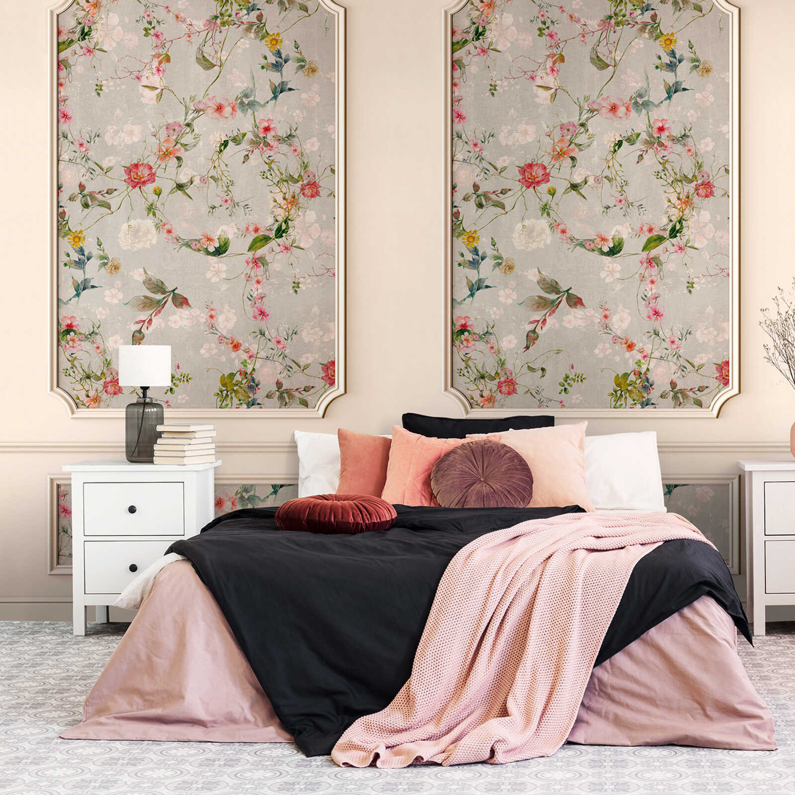             Elegant non-woven wallpaper with wall panelling and colourful floral motif in the background - beige, grey, colourful
        