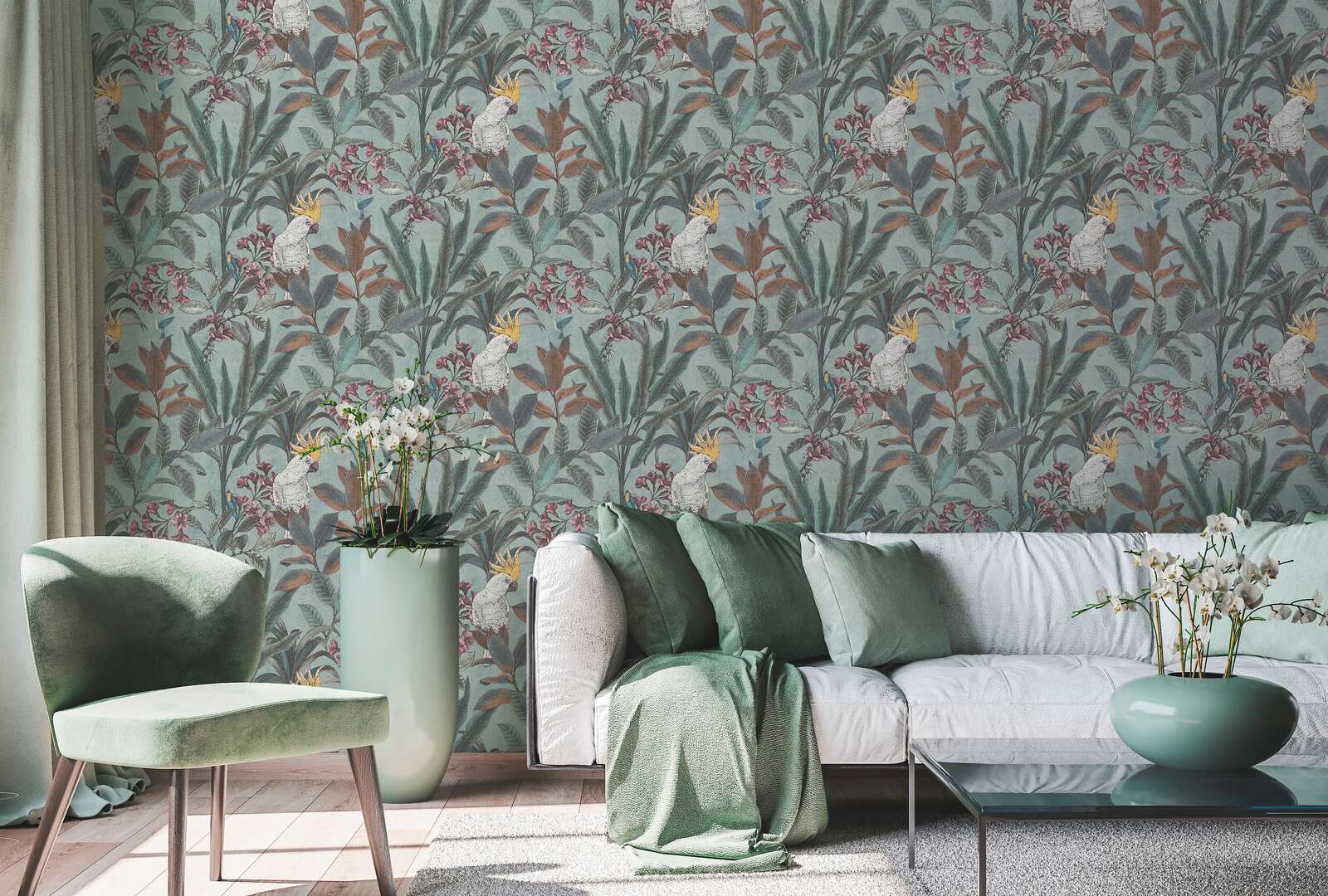             Non-woven wallpaper jungle with parrot in vintage design - green, blue, pink
        