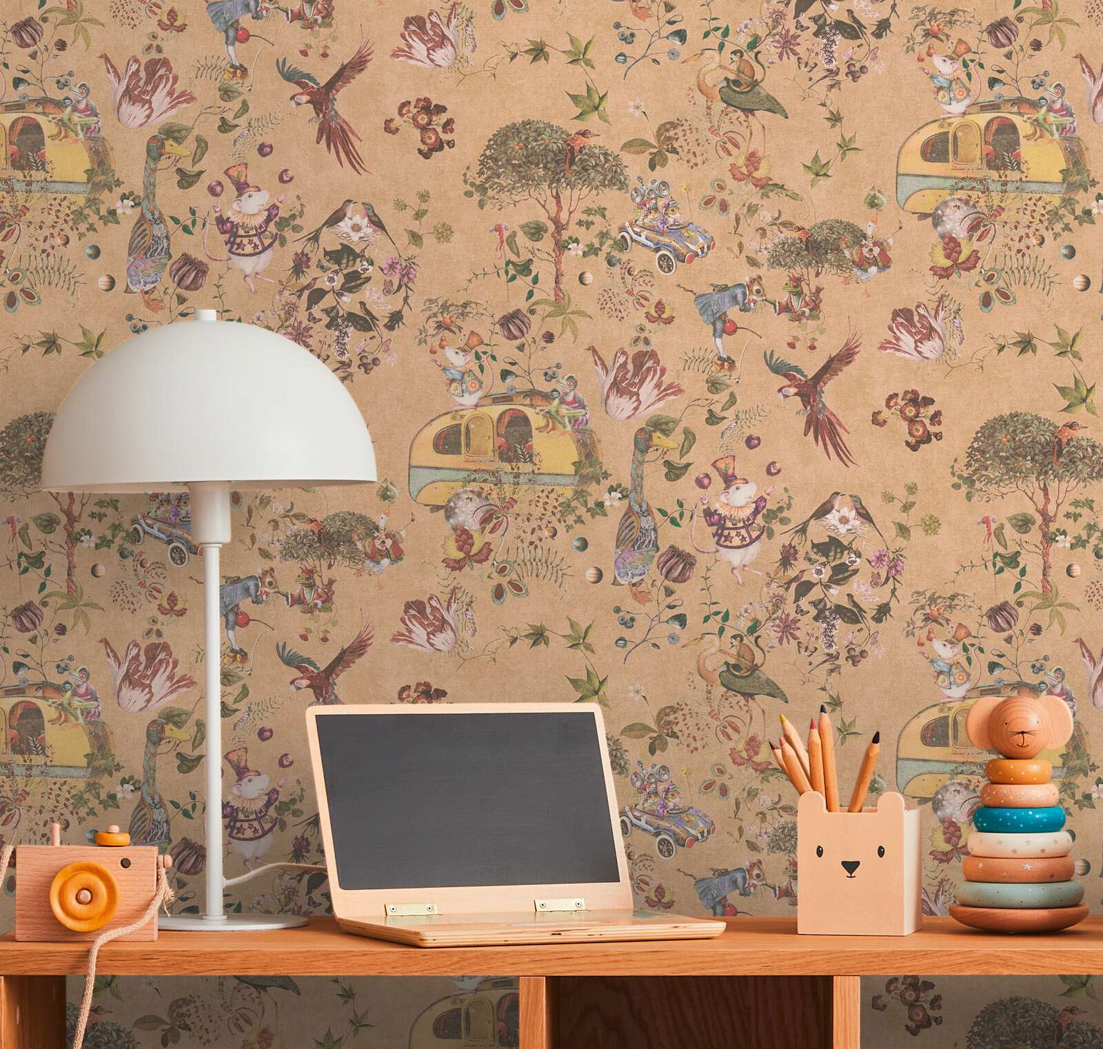             Non-woven wallpaper for children's rooms with imaginative forest animal illustrations - beige, orange
        