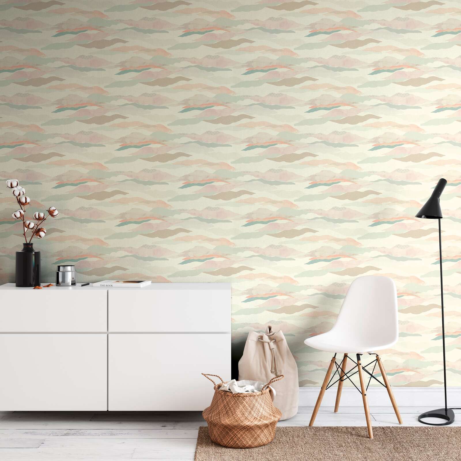             Non-woven wallpaper with graphic landscape motif - pink, blue, white
        