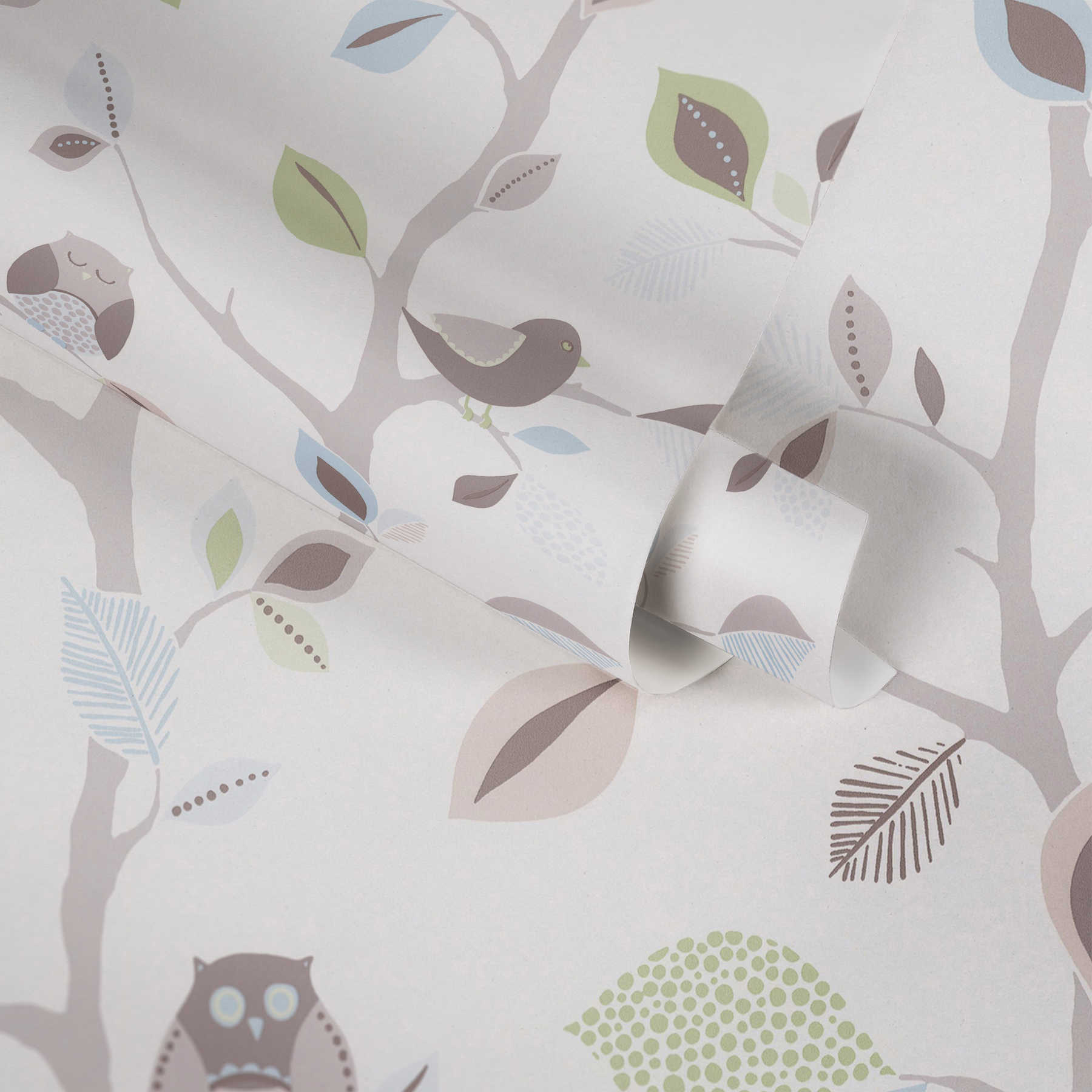             Nursery wallpaper paper with forest and owls - colourful, green
        