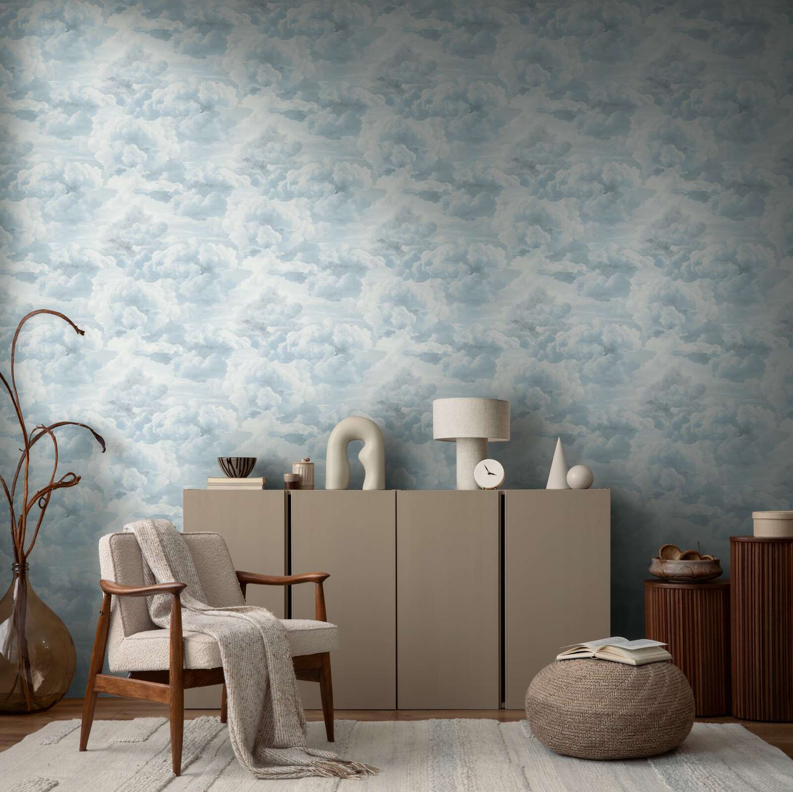             Non-woven wallpaper with cloud pattern in oil painting look - white, blue
        