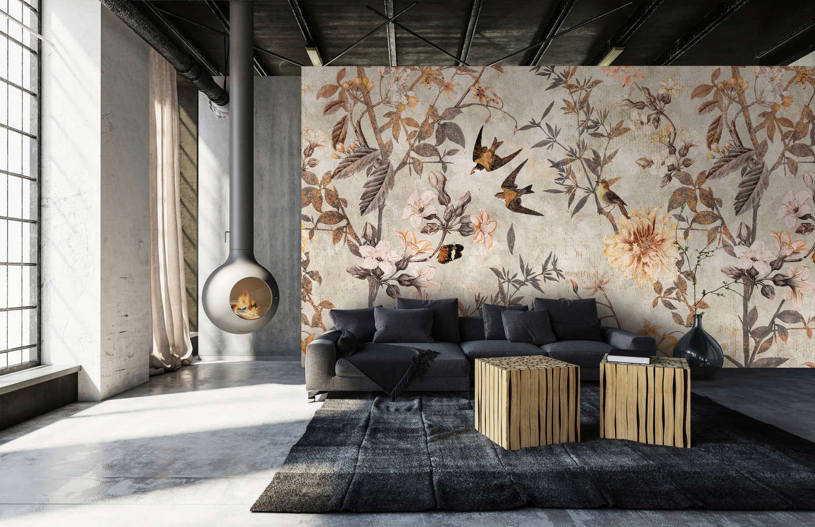             papier peint en papier panoramique »eden« - oiseaux & fleurs style vintage - intissé mat et lisse
        
